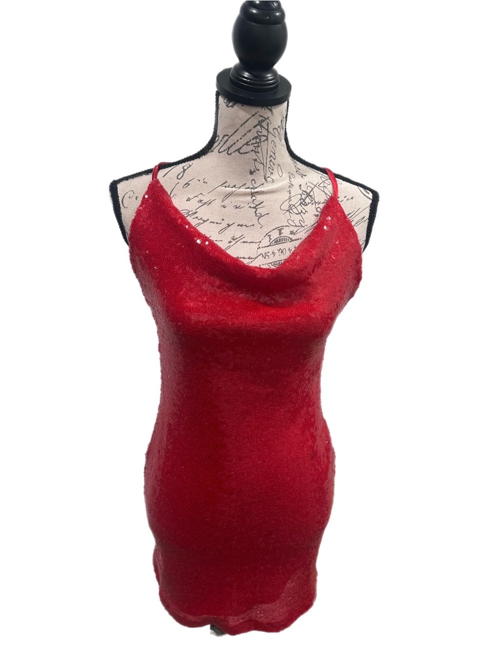 NWT Crystal Doll Red Sequin Cowl Neck Open Back Mini Dress Sz M